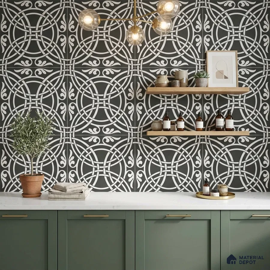 Modern kitchen with olive green laminate cabinets, white quartz countertop, and black-and-white geometric patterned wall tiles