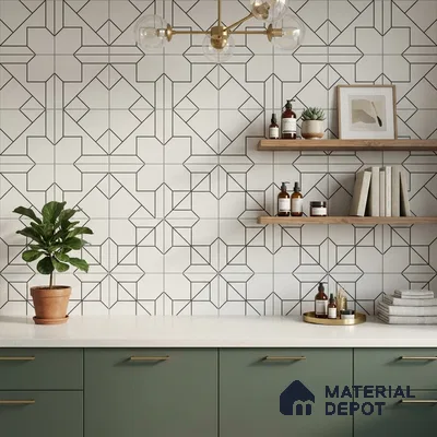 Modern kitchen with olive green laminate cabinets, white quartz countertop, and geometric patterned wall tiles