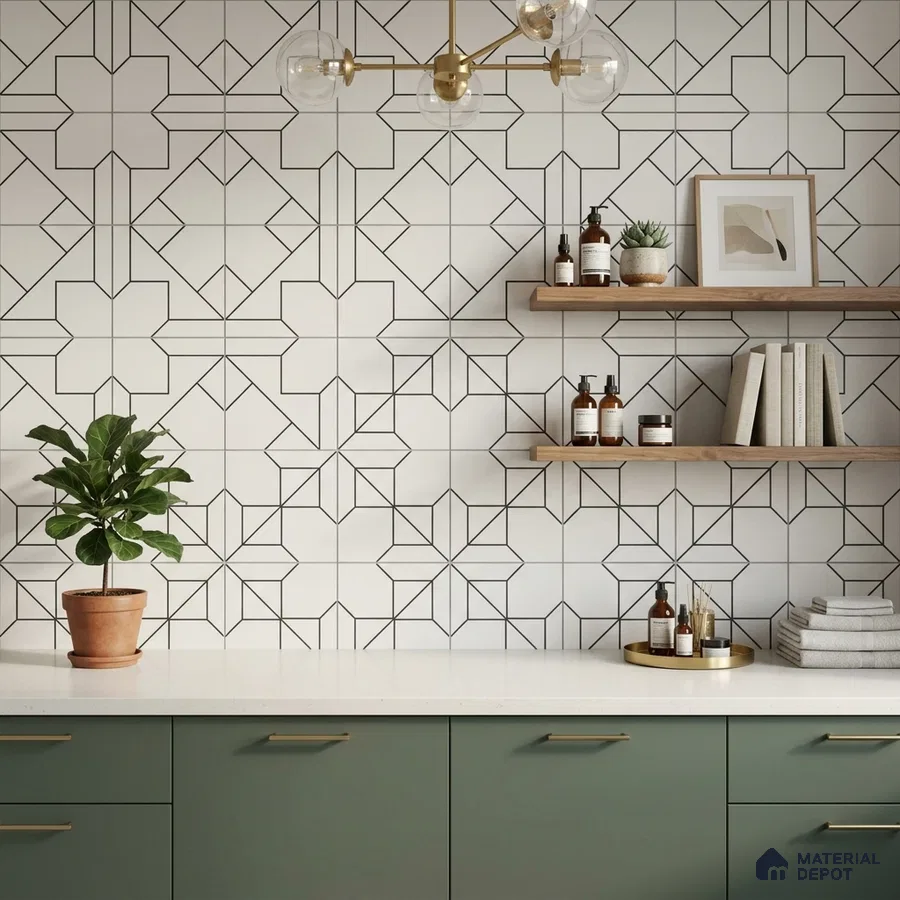 Modern kitchen with olive green laminate cabinets, white quartz countertop, and geometric patterned wall tiles