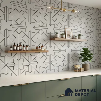 Modern kitchen with olive green laminate cabinets, white quartz countertop, and geometric patterned wall tiles