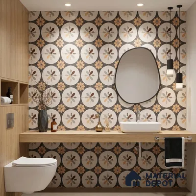 Modern bathroom with floral patterned wall tiles and light oak laminate vanity