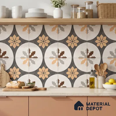 Modern kitchen with terracotta patterned backsplash tiles and beige quartz countertop