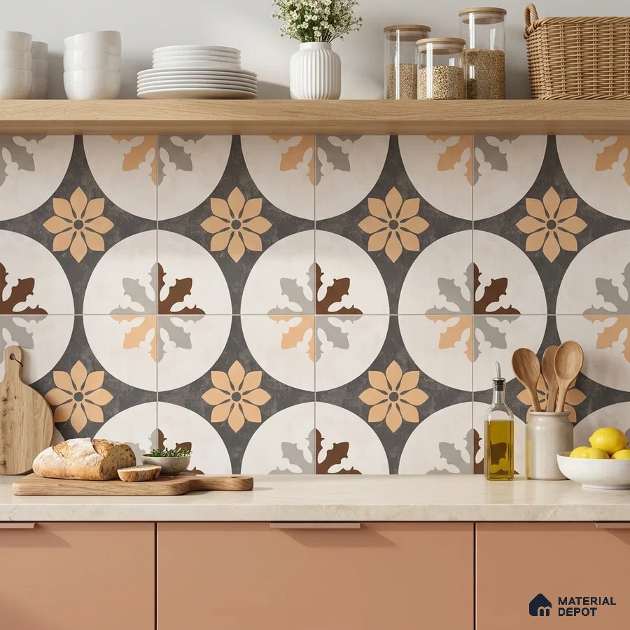 Modern kitchen with terracotta patterned backsplash tiles and beige quartz countertop