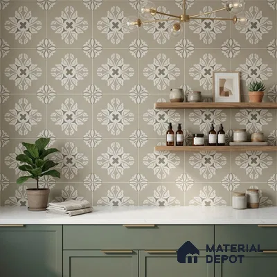 Modern kitchen with sage green laminate cabinets, white quartz countertop, and beige patterned moroccan wall tiles