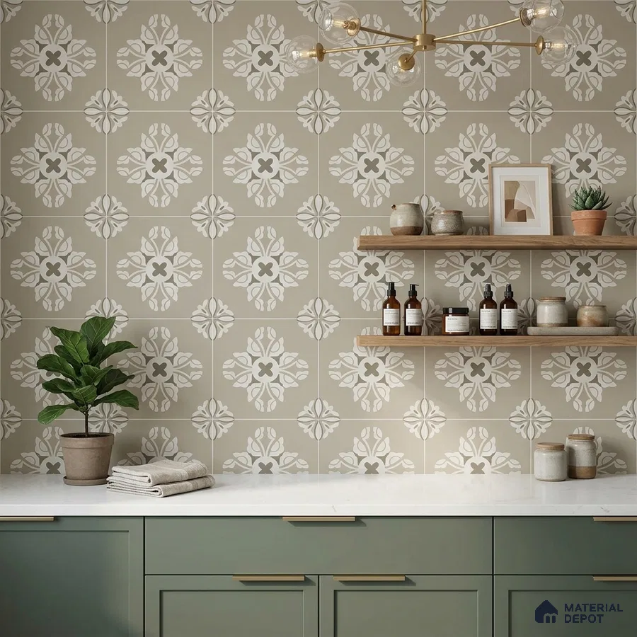 Modern kitchen with sage green laminate cabinets, white quartz countertop, and beige patterned moroccan wall tiles