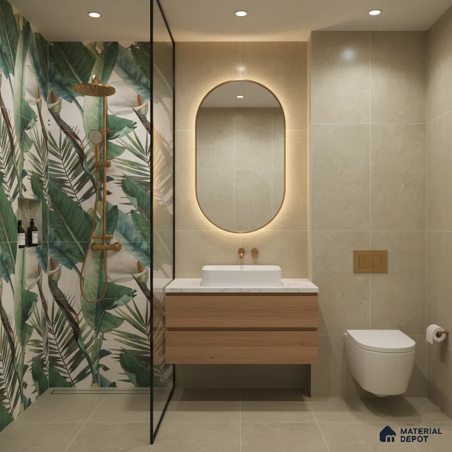 Modern bathroom with tropical leaf highlighter wall tile, beige stone wall tile, and wood vanity
