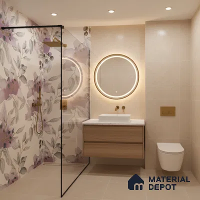 Modern bathroom with floral highlighter wall tile, beige wall tile, and wood vanity