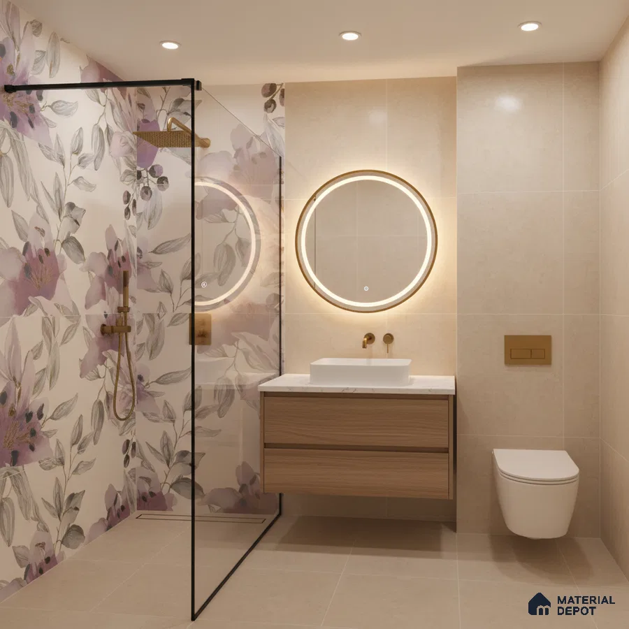 Modern bathroom with floral highlighter wall tile, beige wall tile, and wood vanity