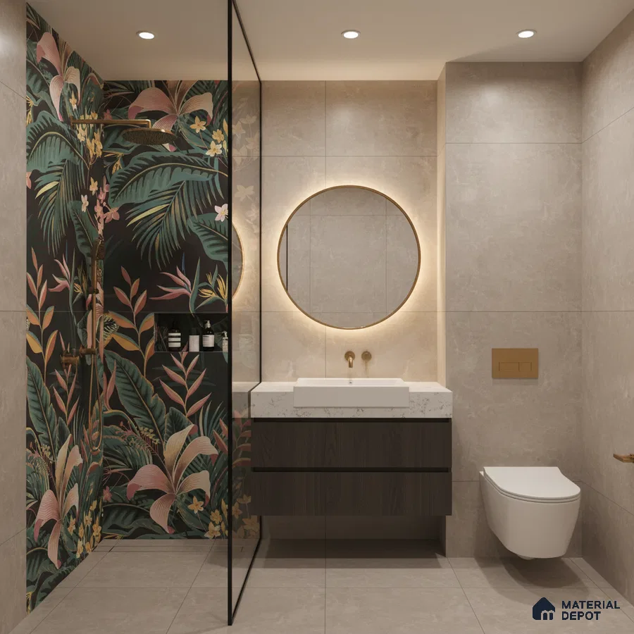Modern bathroom with tropical floral highlighter wall tile, beige stone-look wall tiles, and floating vanity