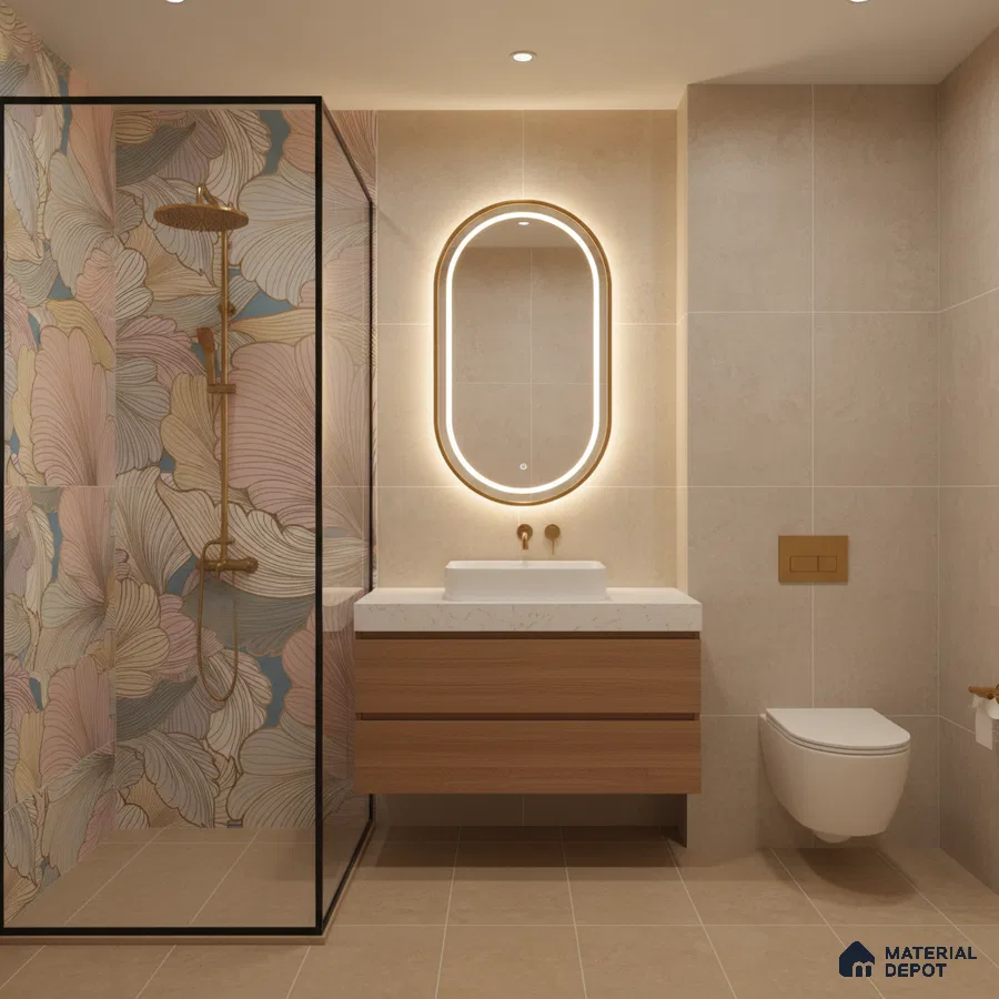 Modern bathroom with pastel floral highlighter wall tile, beige matte wall and floor tiles, and wood laminate vanity