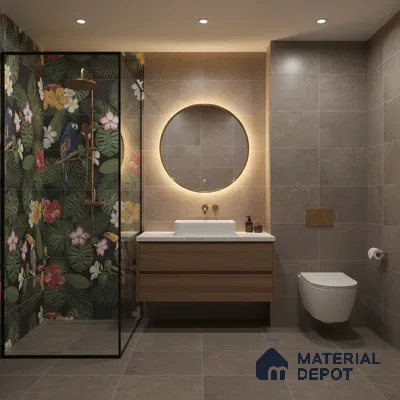 Modern bathroom with tropical floral highlighter wall tile, taupe stone wall and floor tiles, and wood vanity