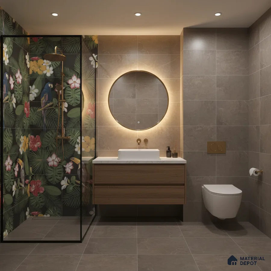 Modern bathroom with tropical floral highlighter wall tile, taupe stone wall and floor tiles, and wood vanity