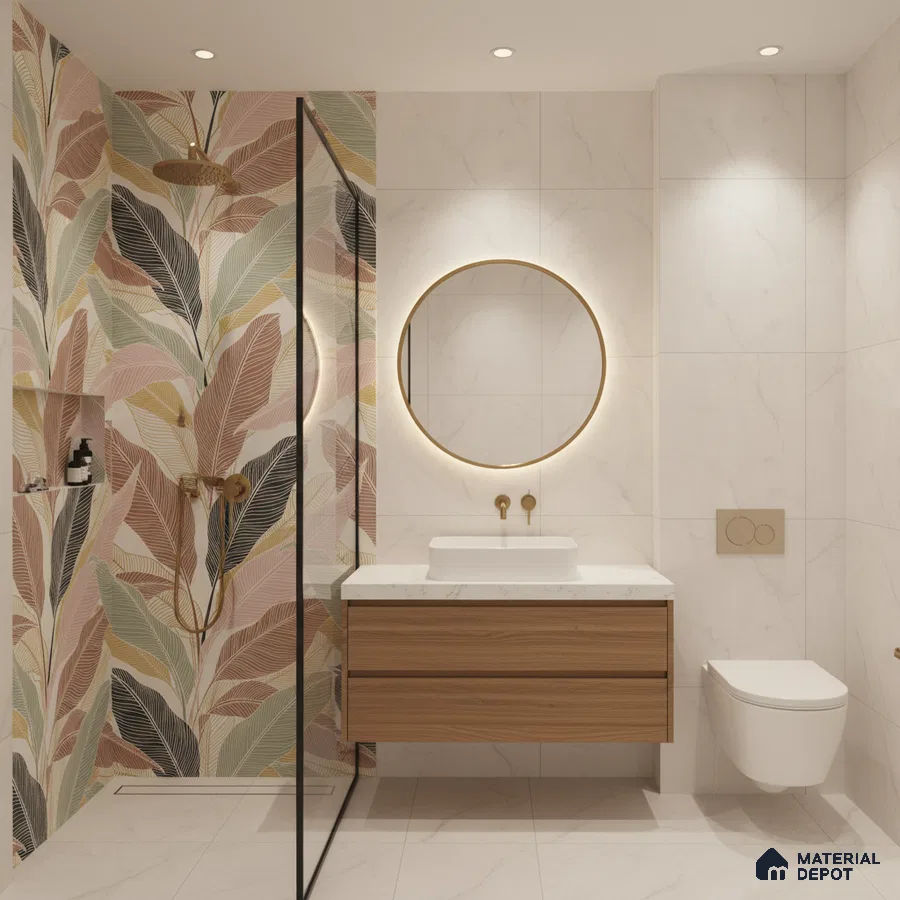 Modern bathroom with pastel tropical leaf highlighter tiles, white marble-look wall tiles, and wood vanity