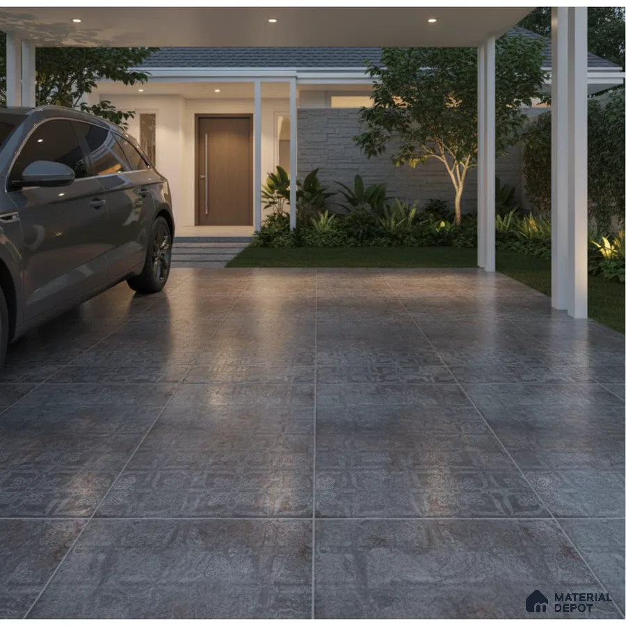Modern parking with grey patterned anti-skid floor tiles and outdoor stone cladding