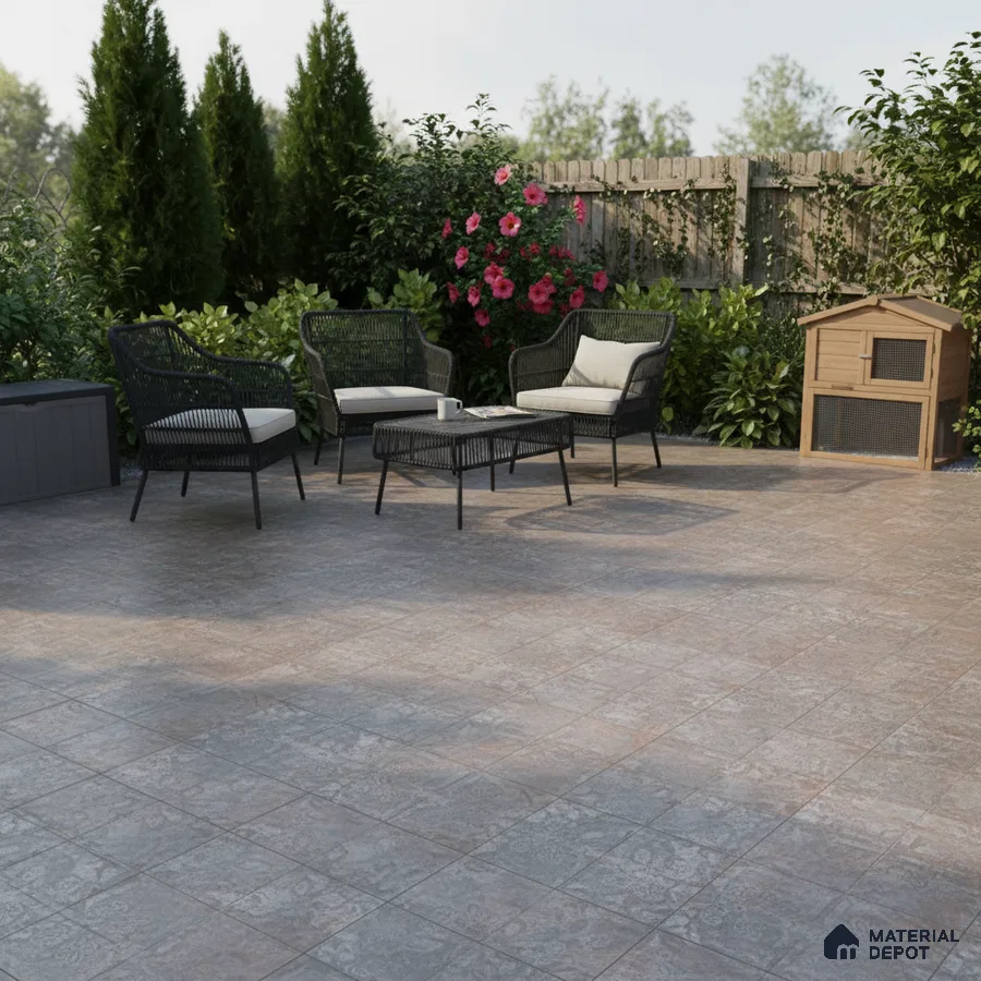 Modern outdoor patio with grey stone-look floor tiles and black wicker furniture