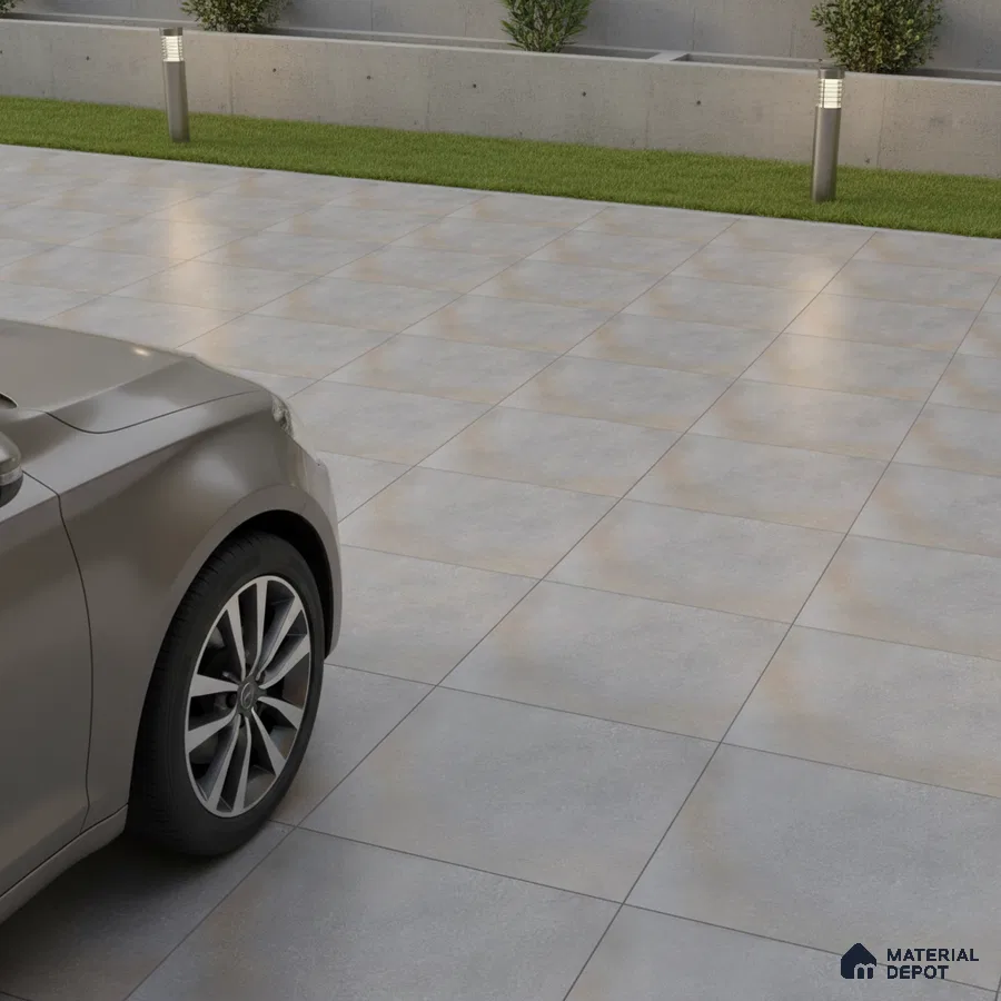 Modern parking area with matte grey stone-look floor tiles