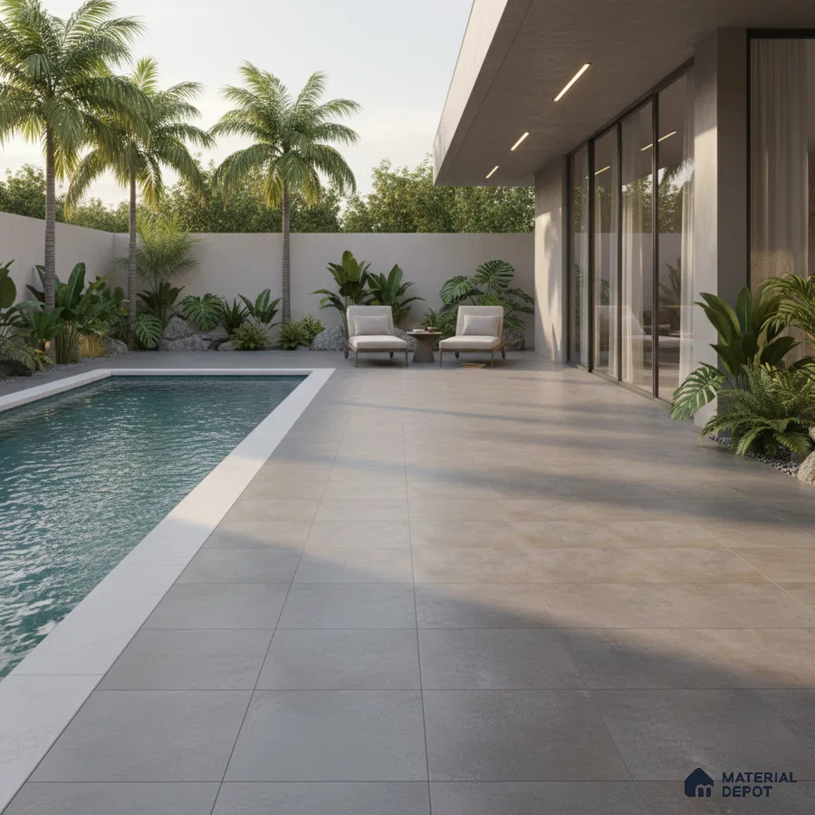 Modern outdoor space with grey stone-look floor tiles and poolside seating