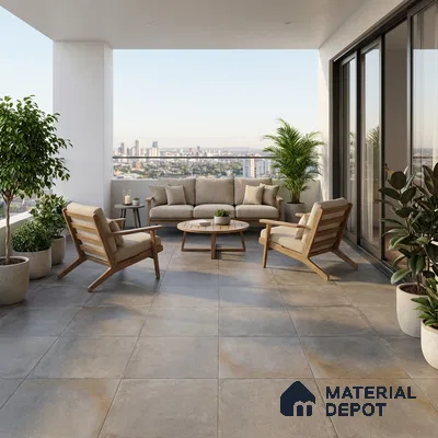 Scandinavian balcony with beige upholstery, natural wood furniture, and large format stone-look floor tiles