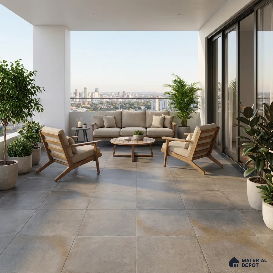 Scandinavian balcony with beige upholstery, natural wood furniture, and large format stone-look floor tiles
