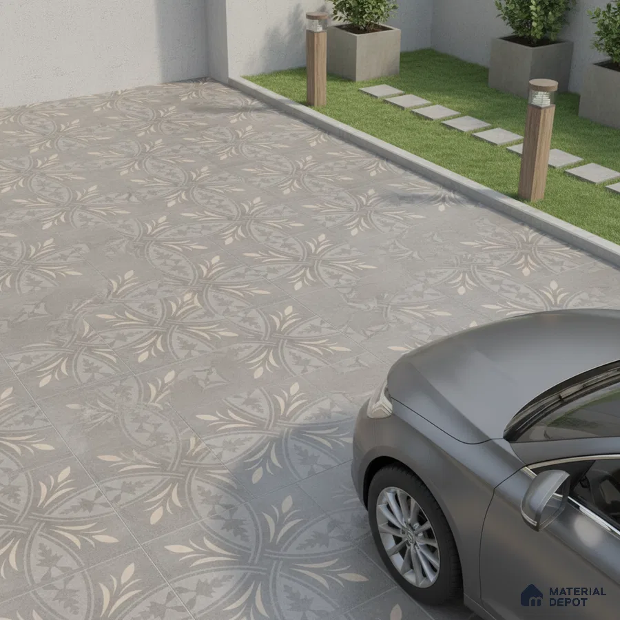 Modern parking area with grey patterned outdoor floor tiles