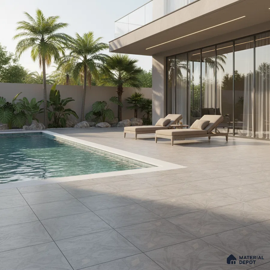 Modern outdoor poolside with light grey patterned floor tiles and minimalist patio seating