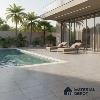 Modern outdoor poolside with light grey patterned floor tiles and minimalist patio seating