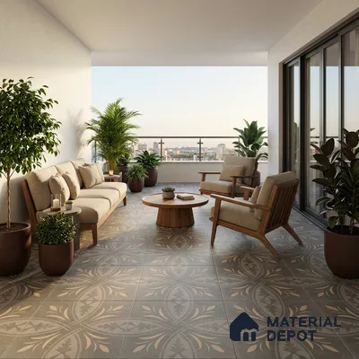 Scandinavian balcony with patterned floor tiles and natural wood furniture