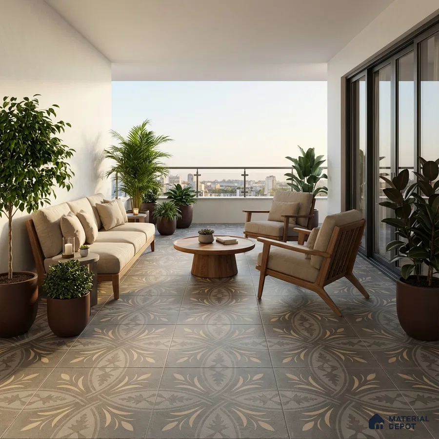 Scandinavian balcony with patterned floor tiles and natural wood furniture