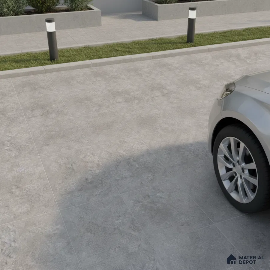 Modern parking area with light grey stone-look anti-skid floor tiles