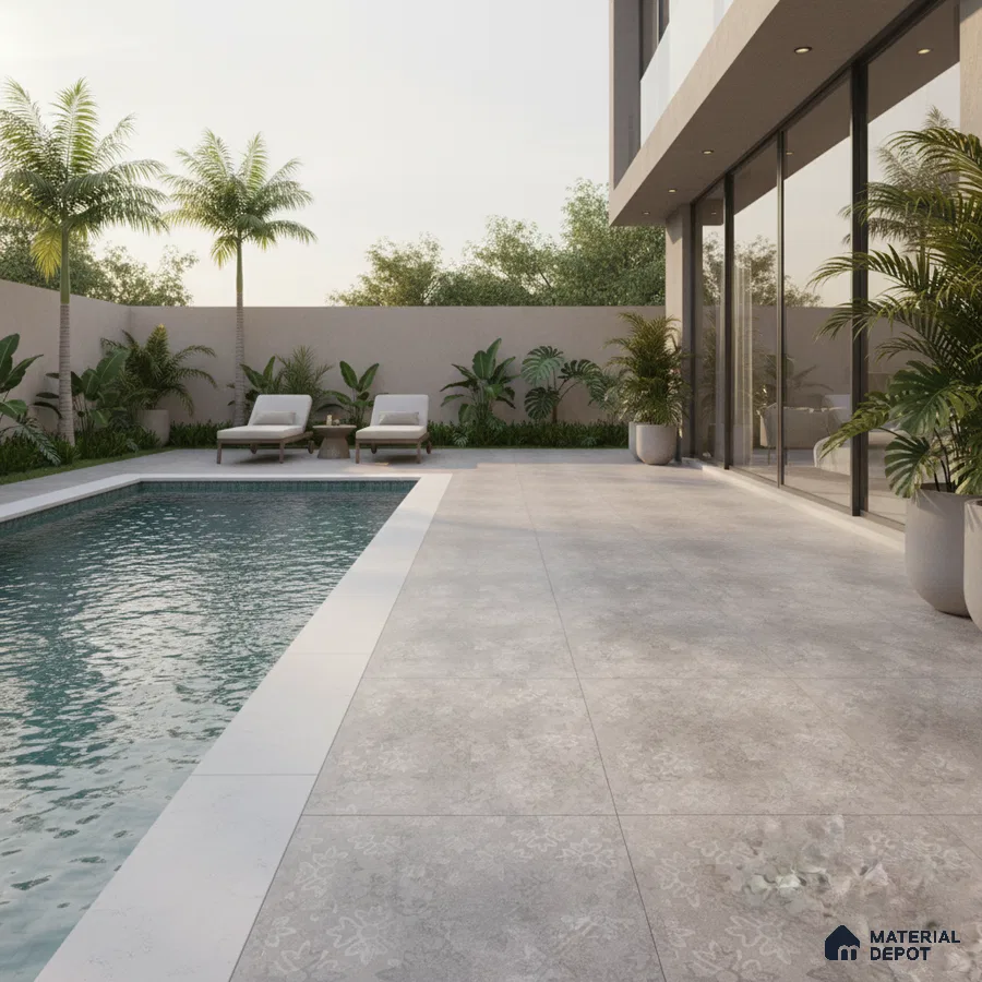 Modern outdoor poolside with grey stone-look floor tiles and tropical landscaping