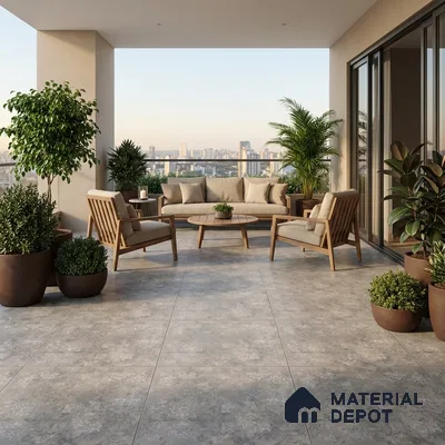 Scandinavian balcony with grey stone-look floor tiles and natural wood outdoor furniture