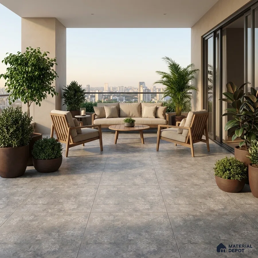 Scandinavian balcony with grey stone-look floor tiles and natural wood outdoor furniture