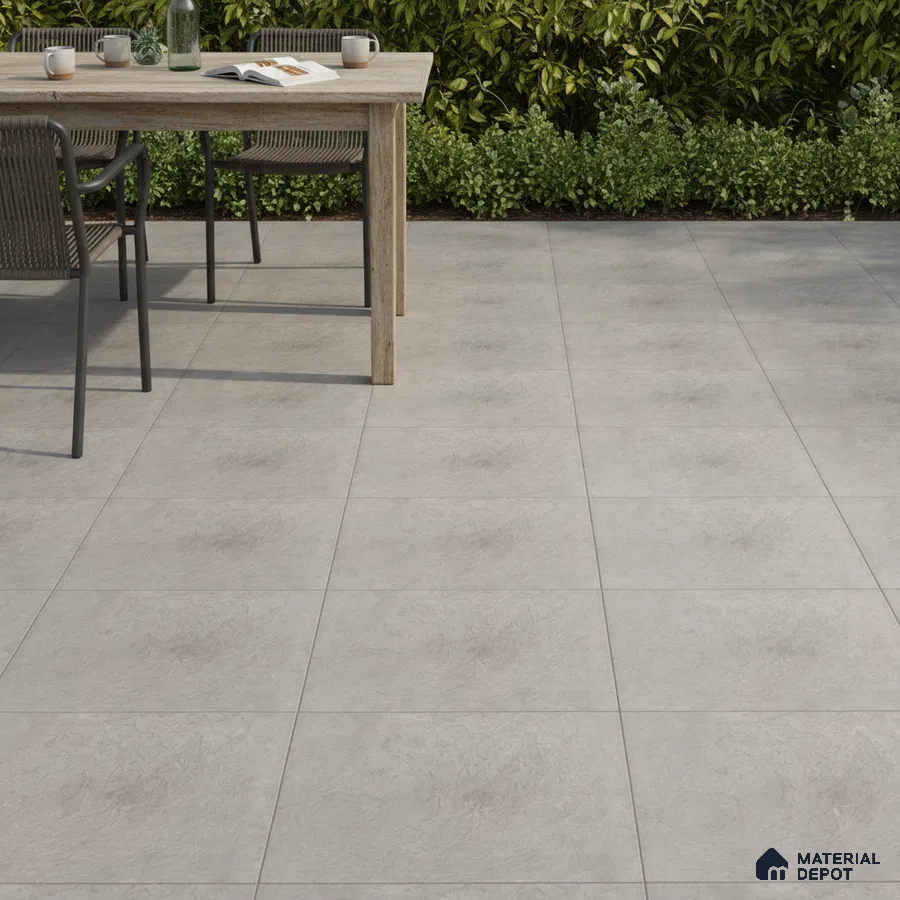 Minimalist outdoor space with light grey stone-look floor tiles and natural wood dining table