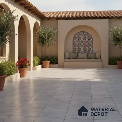 Mediterranean outdoor courtyard with terracotta roof, patterned mosaic tile accent, and beige stone floor tiles