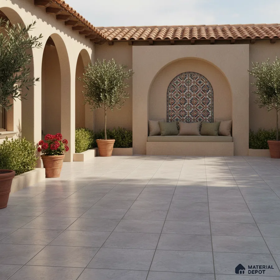 Mediterranean outdoor courtyard with terracotta roof, patterned mosaic tile accent, and beige stone floor tiles