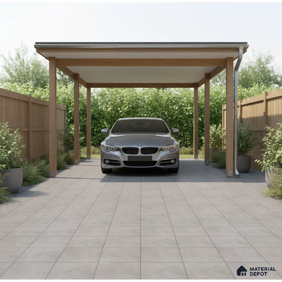 Modern parking with light grey outdoor floor tiles and wooden frame carport