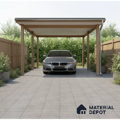 Modern parking with light grey outdoor floor tiles and wooden frame carport