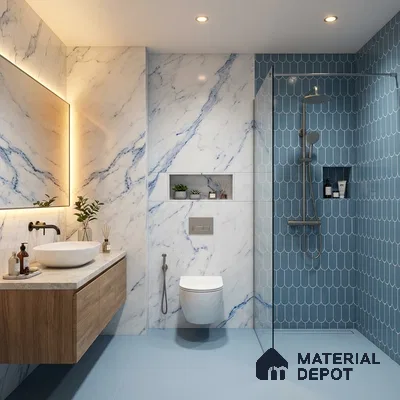 Modern bathroom with white marble wall tiles, blue scallop shower tiles, and wood vanity
