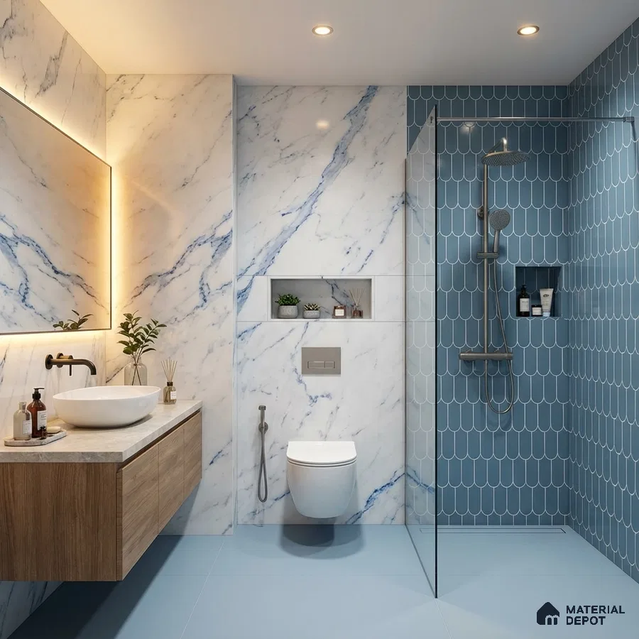 Modern bathroom with white marble wall tiles, blue scallop shower tiles, and wood vanity