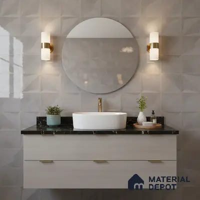 Modern bathroom with geometric grey wall tiles and black quartz countertop vanity