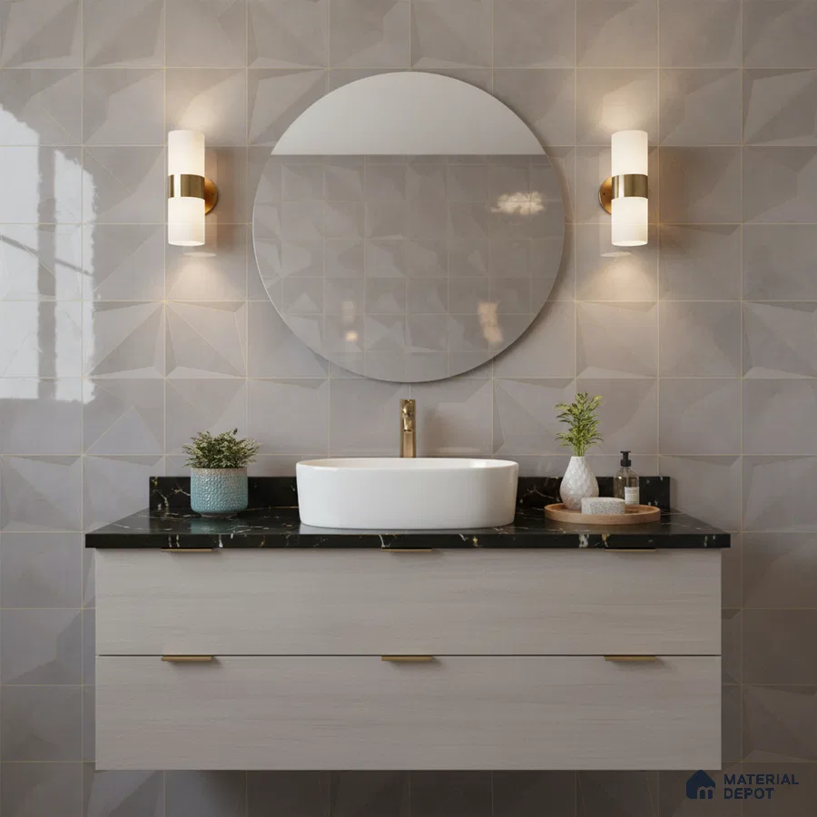 Modern bathroom with geometric grey wall tiles and black quartz countertop vanity