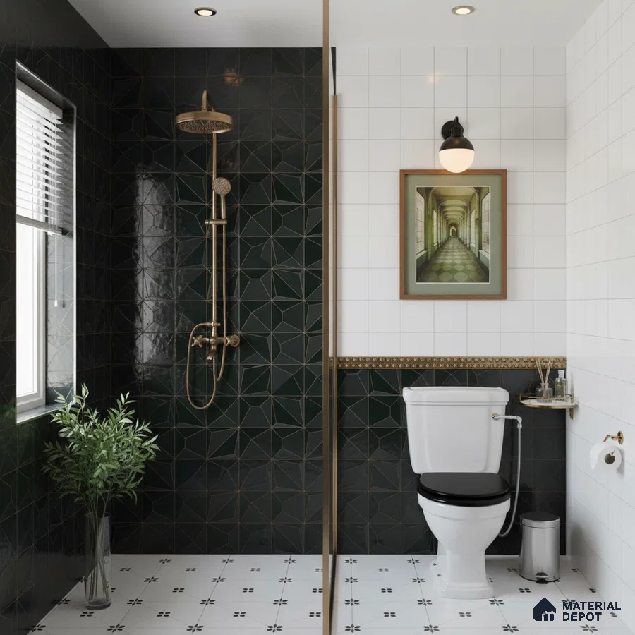 Modern kitchen with black geometric backsplash tile, white quartz countertop, and matte black laminate cabinets