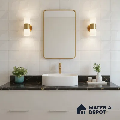 Modern bathroom with geometric white wall tiles and black quartz countertop