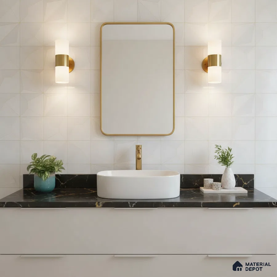 Modern bathroom with geometric white wall tiles and black quartz countertop