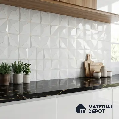 Modern kitchen with geometric white 3D wall tiles, black marble countertop, and light wood laminate cabinets