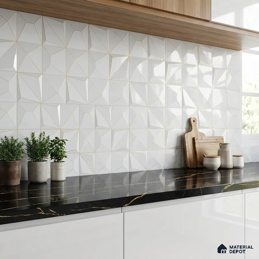 Modern kitchen with geometric white 3D wall tiles, black marble countertop, and light wood laminate cabinets