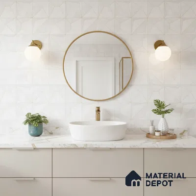 Modern bathroom with geometric white wall tiles and quartz countertop