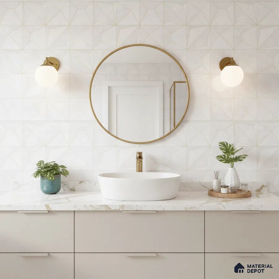 Modern bathroom with geometric white wall tiles and quartz countertop