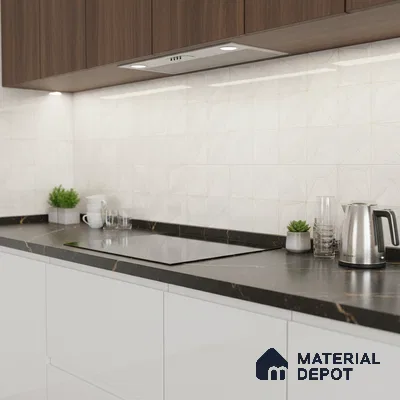 Modern kitchen with walnut laminate cabinets, white geometric backsplash tile, and black marble countertop