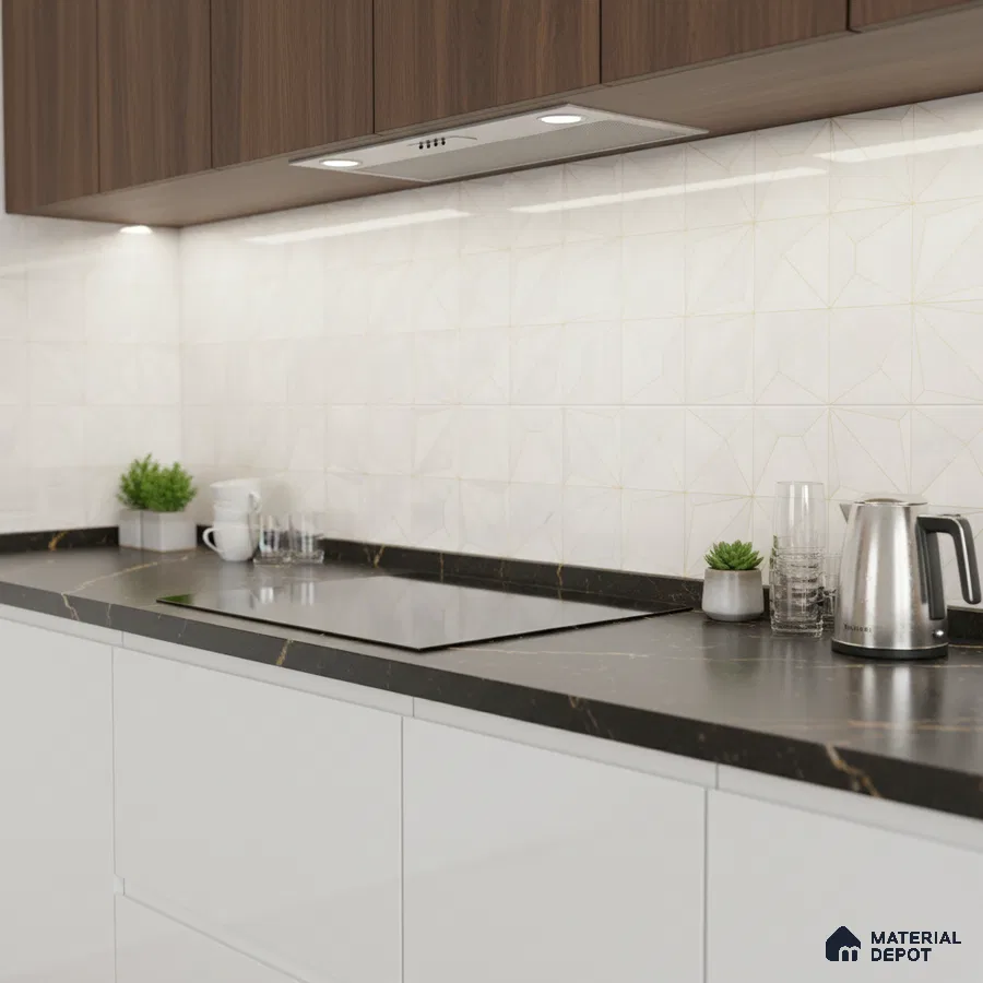 Modern kitchen with walnut laminate cabinets, white geometric backsplash tile, and black marble countertop